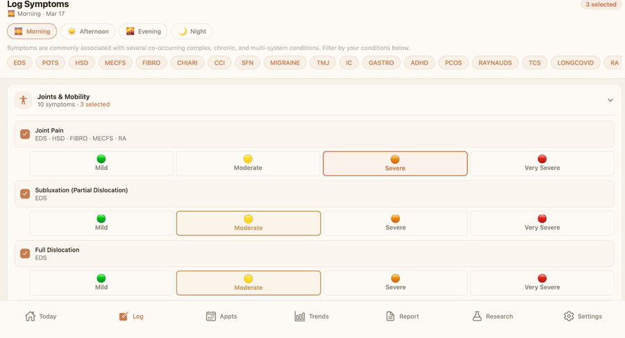 Undisputed app — symptom logging screen